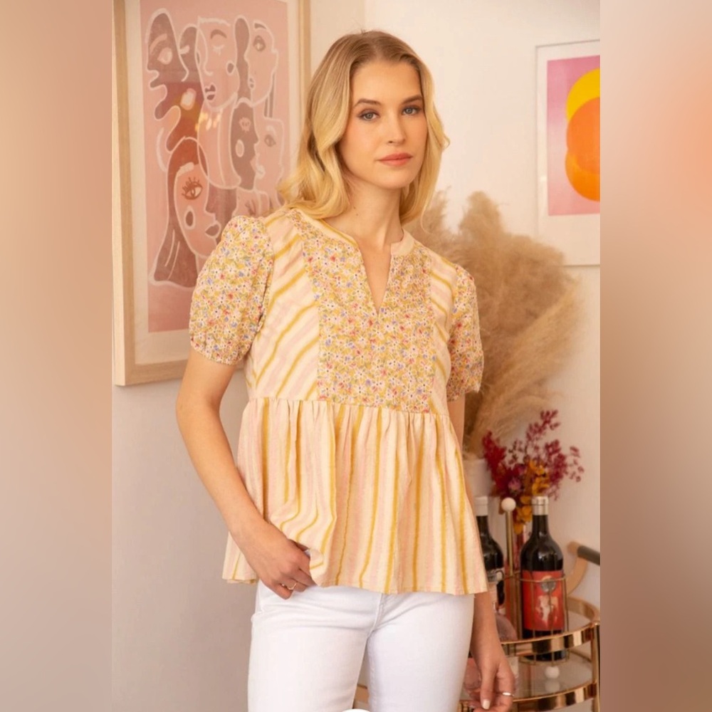 VOY Margo Striped Floral Eyelette Cotton Peplum Top for Spring (Size M)
